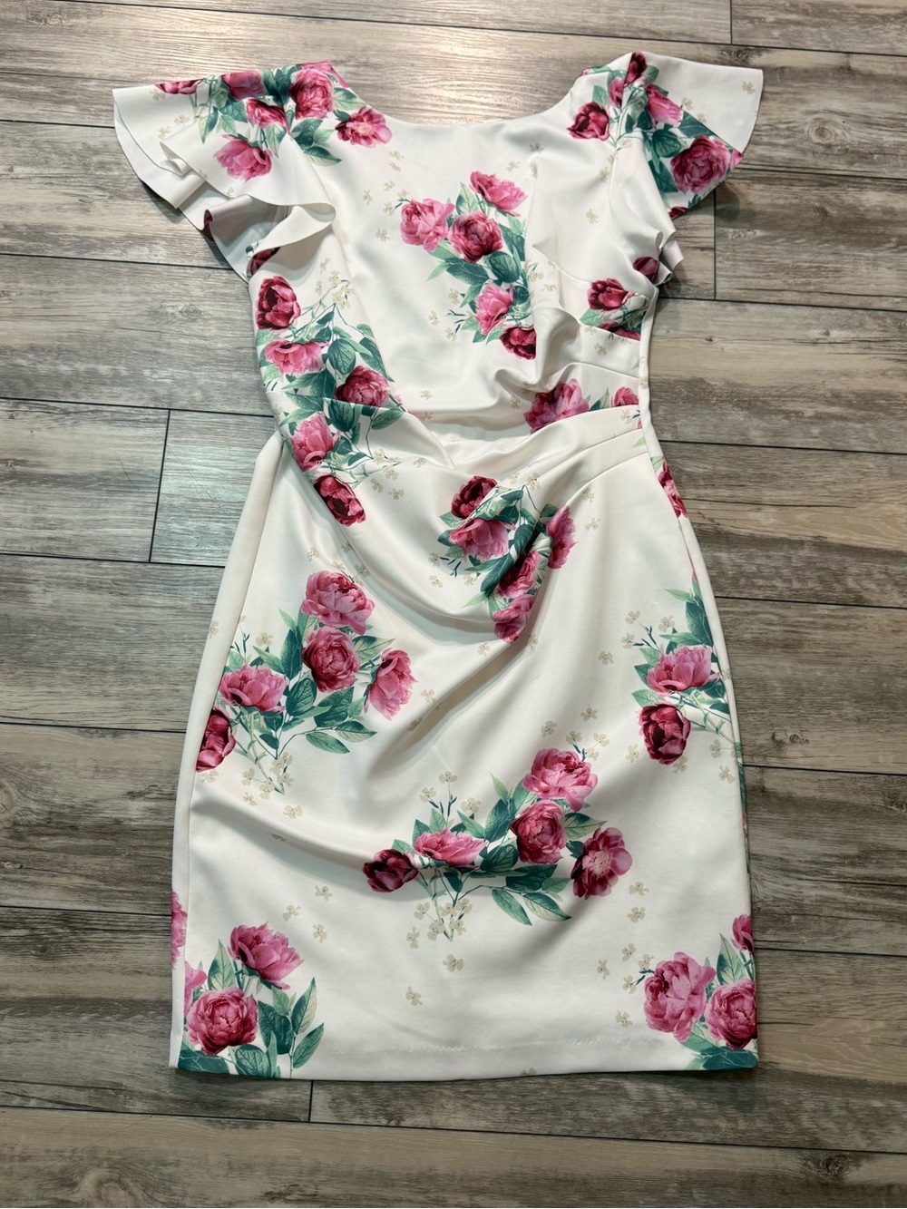 Suzy Shier White Midi Dress with Pink Rose Print